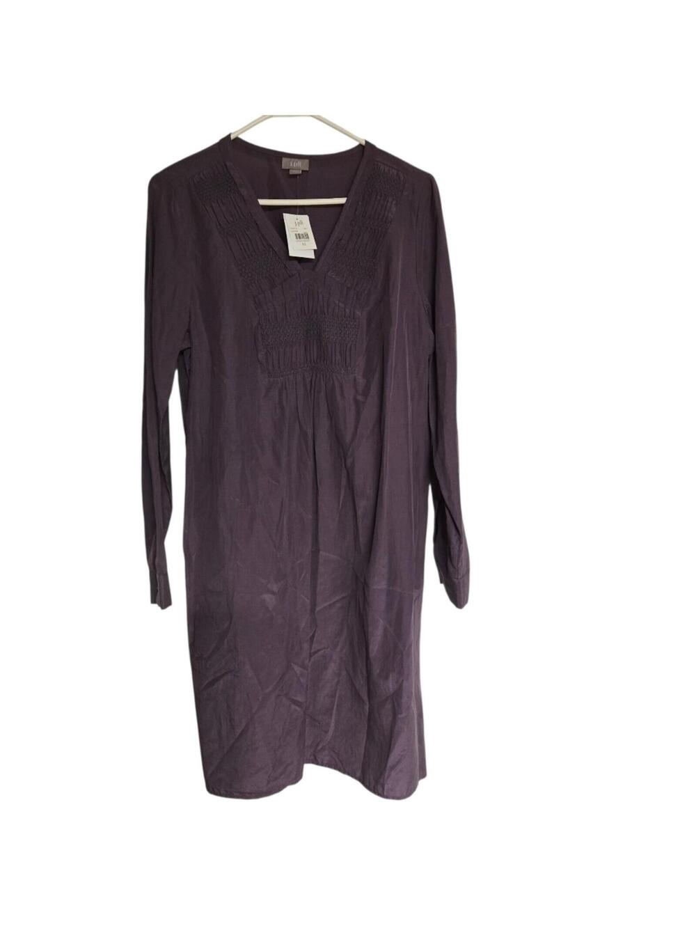 J Jill Silk Shirt Dress Size Medium Purple Pintuck Long Sleeve Shift Button Cuff